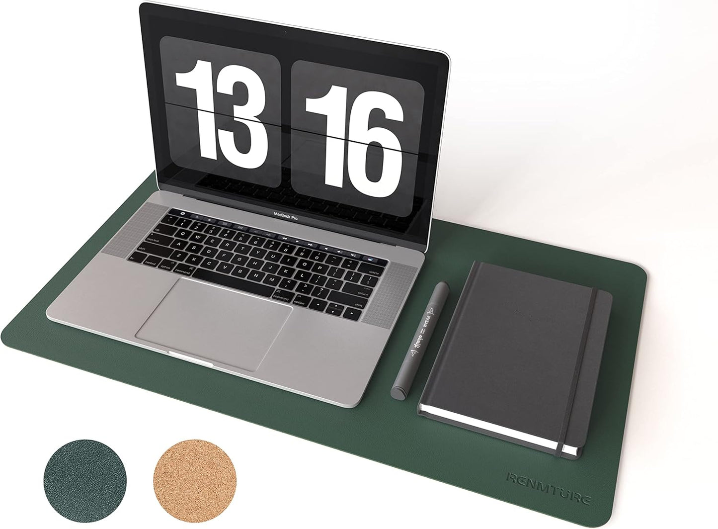 RENMTURE Dual-Sided Mouse Pad, Natural Cork & PU Leather Large Desk Pad for Office and Home Work, Desk Protector Non-Slip, Waterproof, Easy Clean (Olive Green, 32"x16")