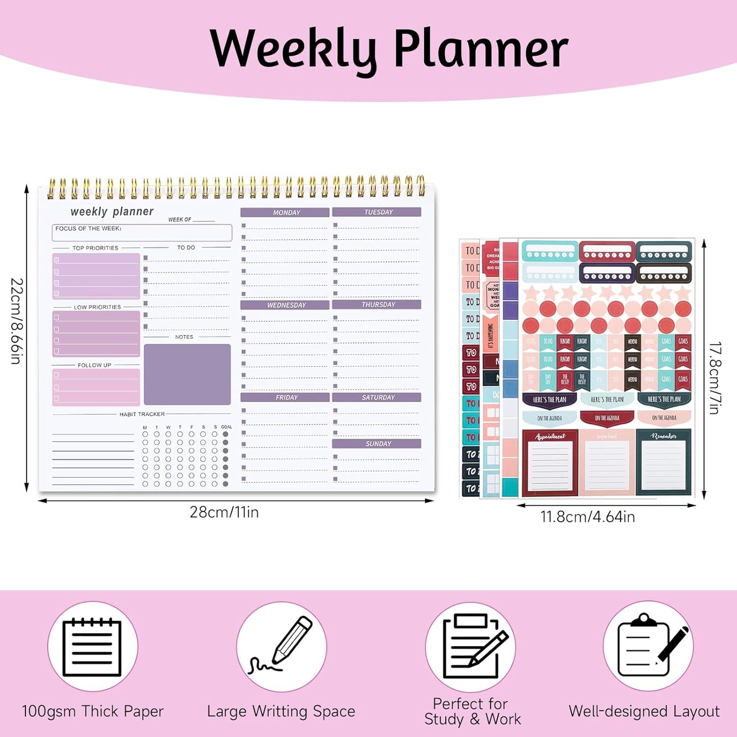 Weekly To Do List Notepad, 8.5''x11'' Weekly Desk Planner with 52 Tear Off Sheets Undated Weekly Planner Habit Tracker & Productivity Organizer for Home and Work, Pink