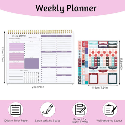 Weekly To Do List Notepad, 8.5''x11'' Weekly Desk Planner with 52 Tear Off Sheets Undated Weekly Planner Habit Tracker & Productivity Organizer for Home and Work, Pink