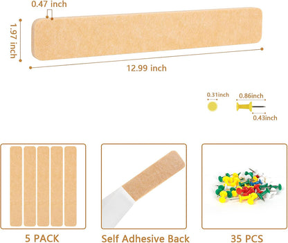 Felt Pin Board Bar Strips Bulletin Board for Bedrooms Offices Home Wall Decoration, Notice Board Self Adhesive Cork Board with 35 Push Pins for Paste Notes, Photos, Schedules