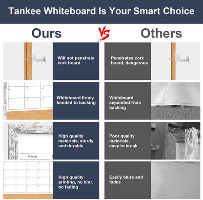 Calendar Whiteboard for Wall, TANKEE 17x13 Inches Whiteboard Calendar Cork Board Combo, Small Magnetic White Board with Wood Framed, Hanging Dry Erase Board for Kitchen Home Office School Planner