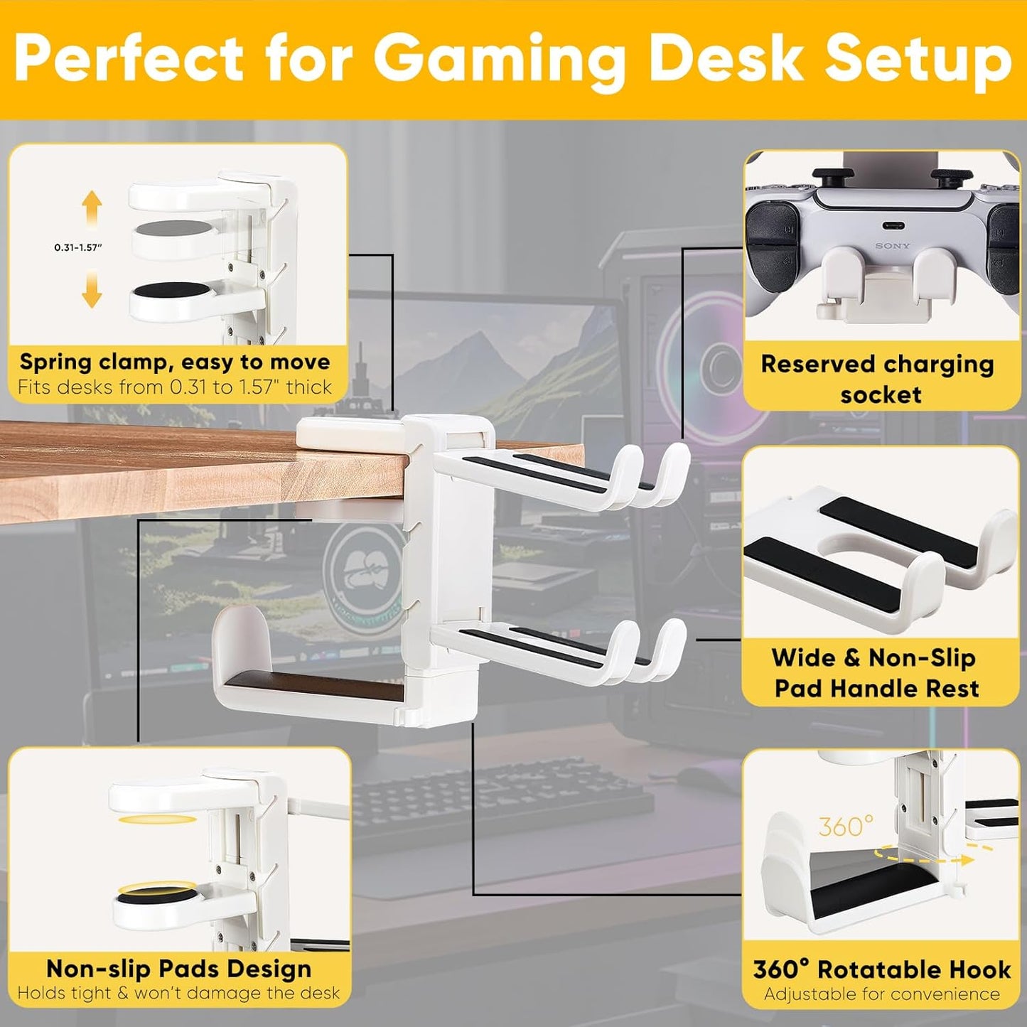 Under Desk Headphone Hanger with Strong Adhesive and Screws Mount, 360° Rotatable Dual Headset Holder Stand, Aluminum Metal Adjustable Headphone Hook, Perfect for Home Gaming & Office - Black