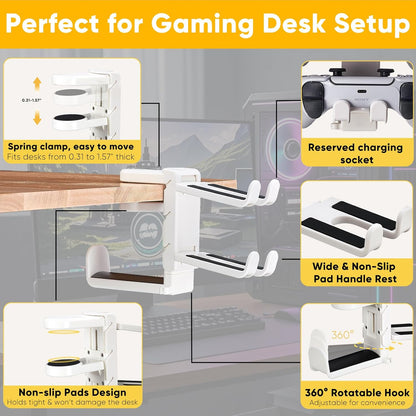 Under Desk Headphone Hanger with Strong Adhesive and Screws Mount, 360° Rotatable Dual Headset Holder Stand, Aluminum Metal Adjustable Headphone Hook, Perfect for Home Gaming & Office - Black