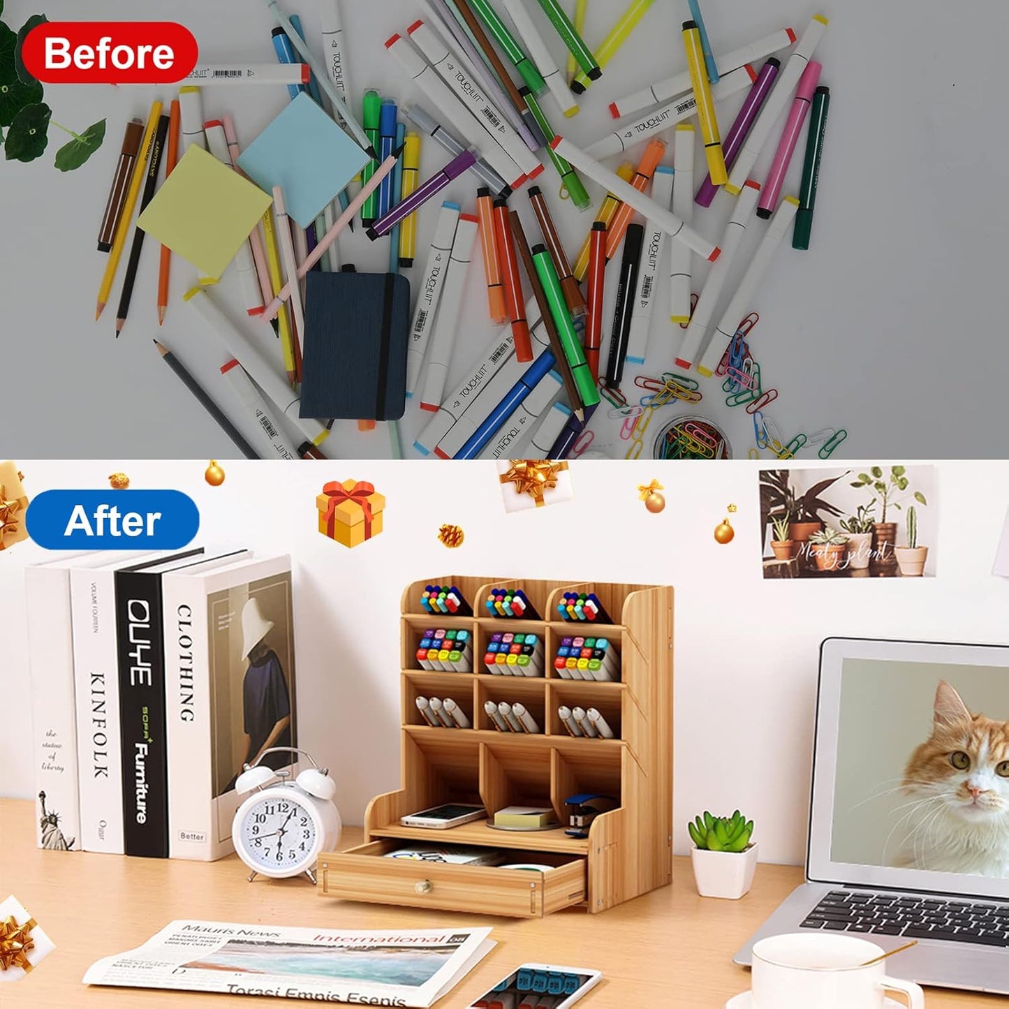Marbrasse Wooden Desk Stationary Organizer, Multi-Functional Pen Holder, Storage Rack for School Home Office Art Supplie (B16-Cherry Color)