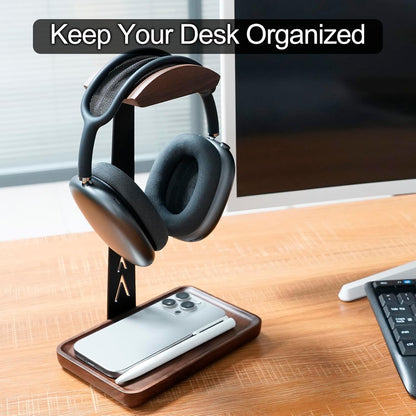 GEVO Headphone Stand, Walnut Wood Headset Stand with Storage Base, Gaming Equipment Accessories for Husband, Teens, Boyfriends, Brothers, and Gamers