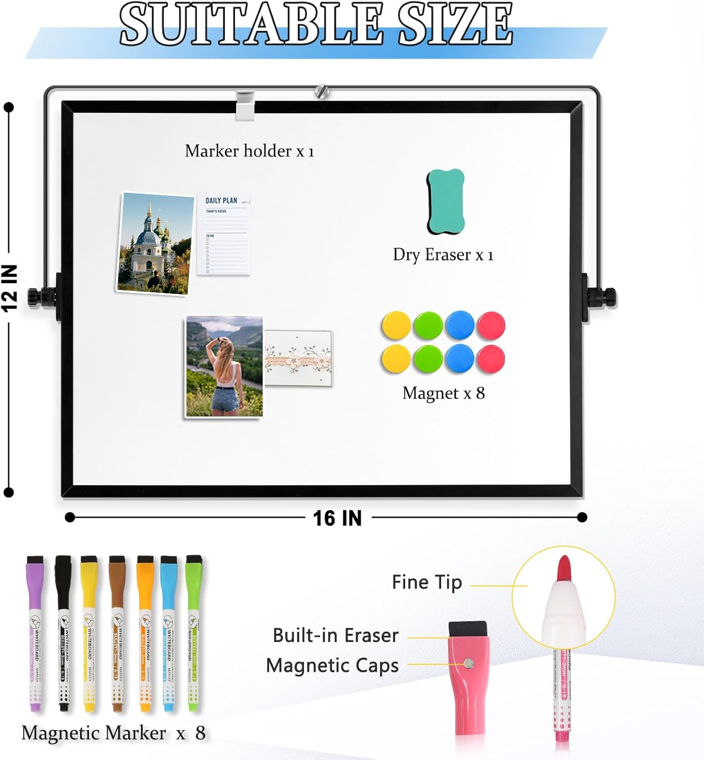 Dry Erase Magnetic White Board, 16" x 12" Double-Sided Desktop Whiteboard with Stand, Portable Small Whiteboard Set for Drawing, Office, Home