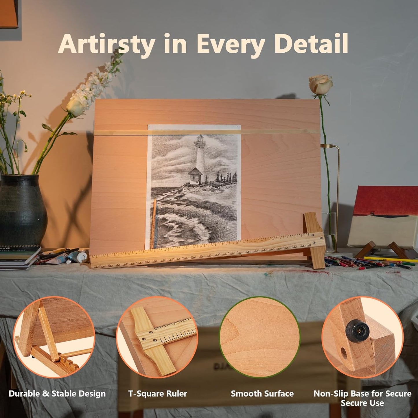 DJAR 5-Position Wood Drafting Table, Tabletop Easel and Sketching Board for Painting, Adjustable Angle Art Easel for Student Artist, 25 3/5 Inches by 19 Inches