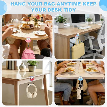 AULEEP 2 Pack Clamp-On Under Desk Bag Hook, Adjustable Purse Holder for Table with Cute DIY Stickers, 100 lbs Capacity Heavy-Duty Desk Organizer Hooks for Handbag, Backpack, Headphone, Black