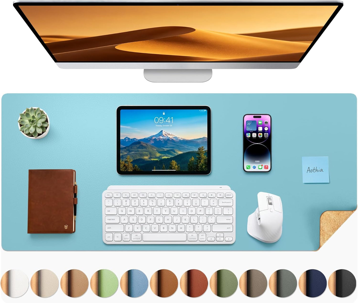 Aothia Dual-Sided Desk Pad - 25.6x13.7 inches Leather Desk Mat, Natural Cork Desk Pad Protector, Large Mouse Pad for Desk, Waterproof Desk Blotter Pad, Desk Writing Pad for Office Work/Home, Black