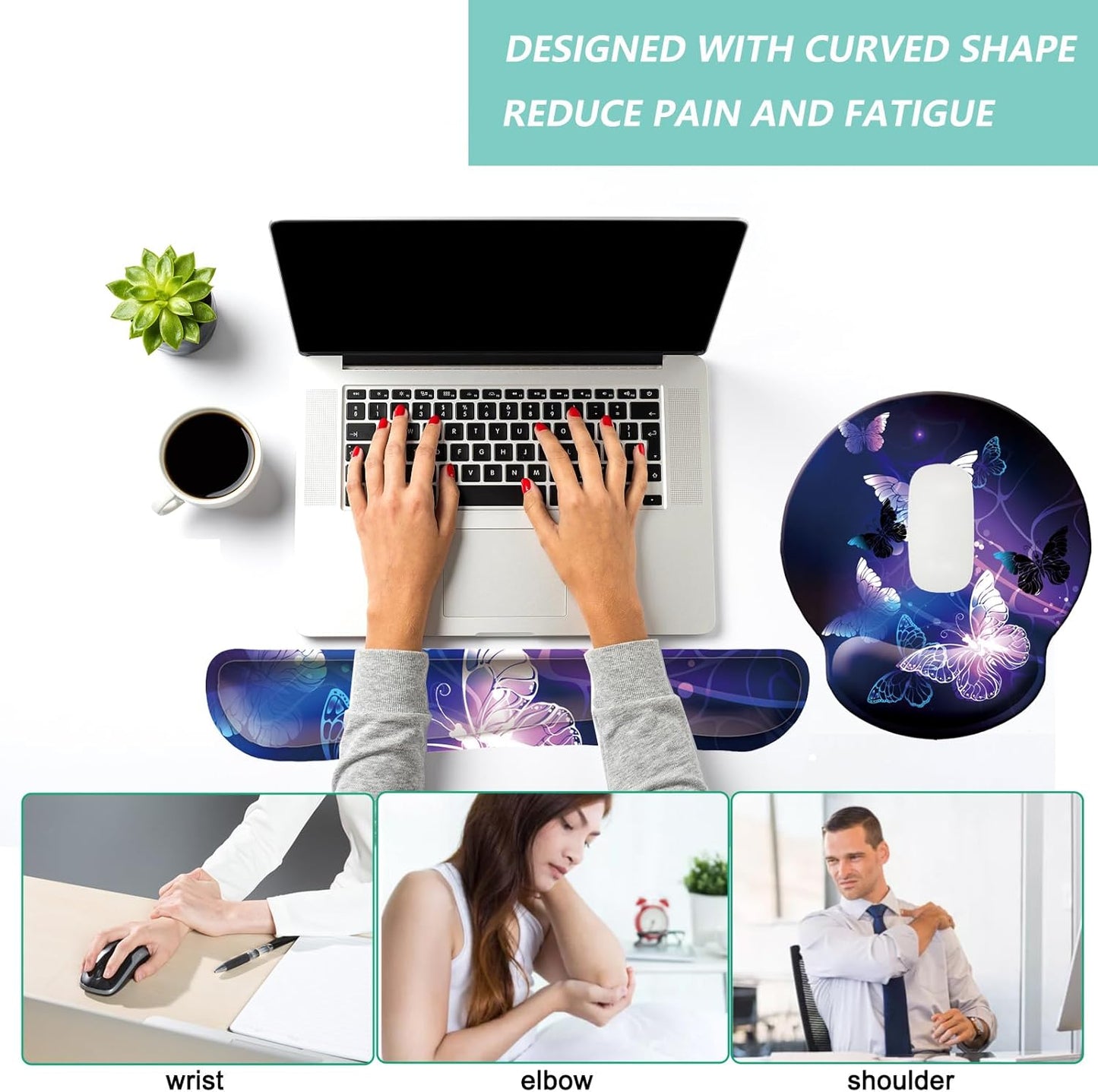 Keyboard Wrist Rest Pad Mouse Pad with Wrist Support Set of 3, Mousepad with Non-Slip Rubber Base, Ergonomic Memory Foam Mouse Wrist Cushion Support for Home Office Laptop Computer Gaming, Forest