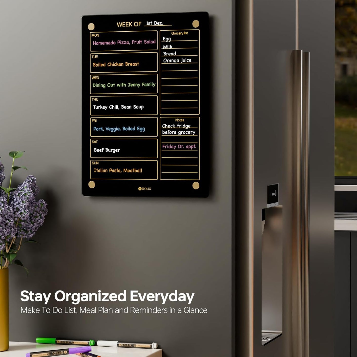 Glass Golden Weekly Dry Erase Calendar & Menu Whiteboard for Wall, Meal Planning & Grocery Shopping List White Board for Kitchen, 15x11, 7 Days Planner for Home, 4 Wet Erase Markers Included, Yeoux*