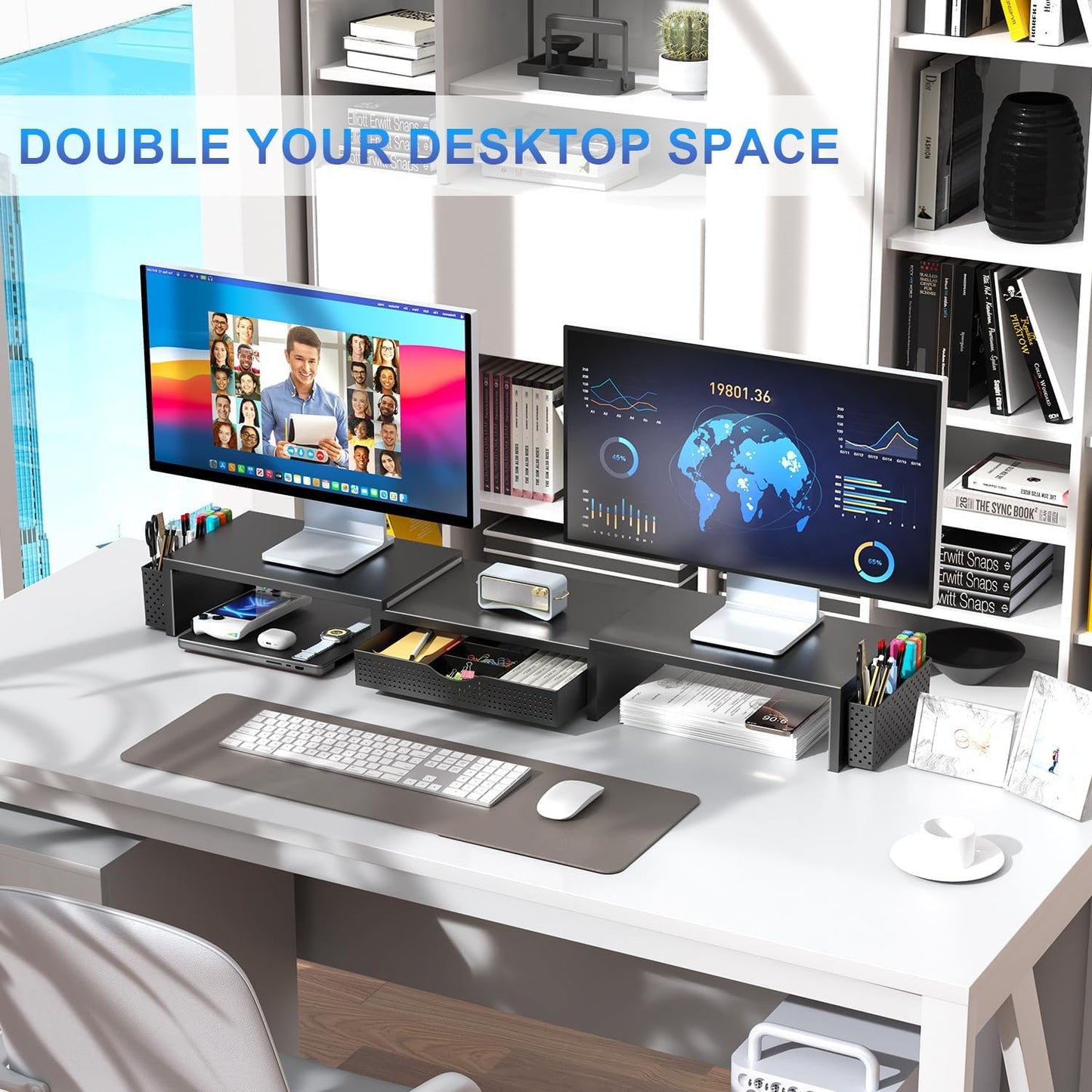 gianotter Dual Monitor Stand Riser, Desk Organizer With Drawer and 2 Pen Holders,Computer Monitor Stand, Desk Shelf for Top of Desk, Wood