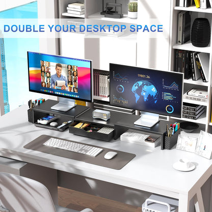 gianotter Dual Monitor Stand Riser, Desk Organizer With Drawer and 2 Pen Holders,Computer Monitor Stand, Desk Shelf for Top of Desk, Wood