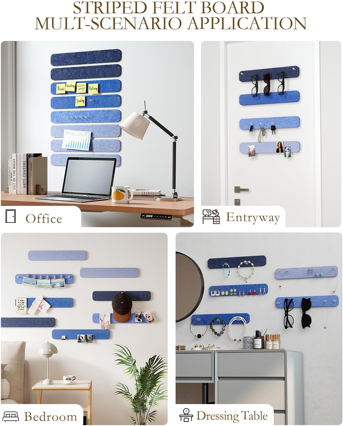 JBER Felt Strip Board 5 Pack 13"x2", Cork Board Alternative Pin Bulletin Board, Self-Adhesive Vision Board with 25 Push Pins for Walls, Office & Home Decor(Light Camel)