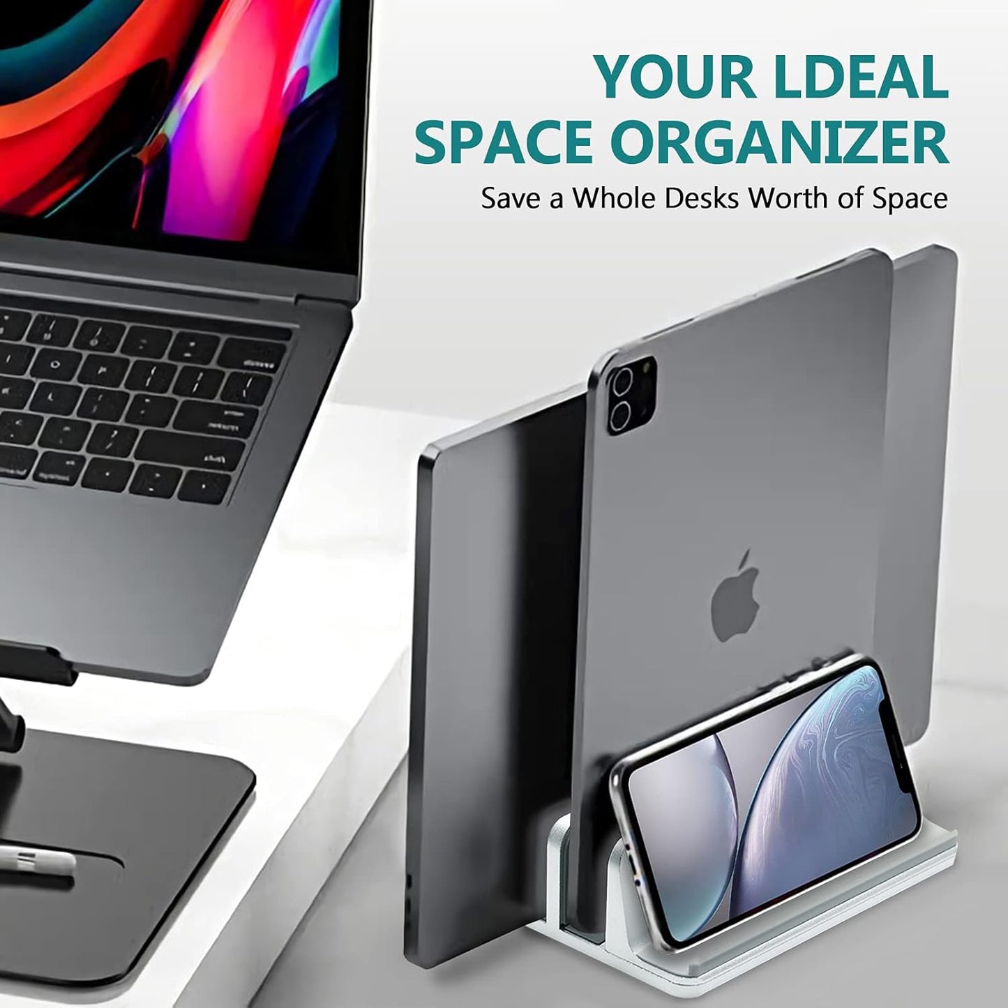 Vertical Laptop Stand Aluminum Heavy Duty, 4 Slots Double Adjustable MacBook Stands Laptop Holder Compatible w' All iPad Surface Dell Samsung HP Chromebook Upto 17.5' - Gray
