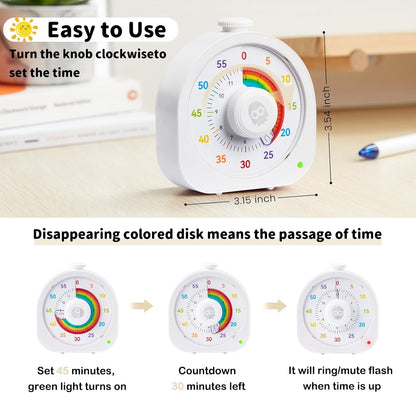 Visual Timer for Kids and Adults 60 Min/12 Hour Rechargeable Countdown Timer with Magnetic Sticker and Mute Function Kids Pomodoro Timers for Classroom Office Kitchen Silent Operation & Rainbow Disk