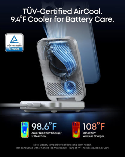 Anker Prime 3-in-1 Charging Station, AirCool Wireless Charger, 25W Qi2.2-Certified Palm-Sized Foldable MagSafe Charger Compatible with iPhone 17, Apple Watch, AirPods (Non-Battery, with Adapter)