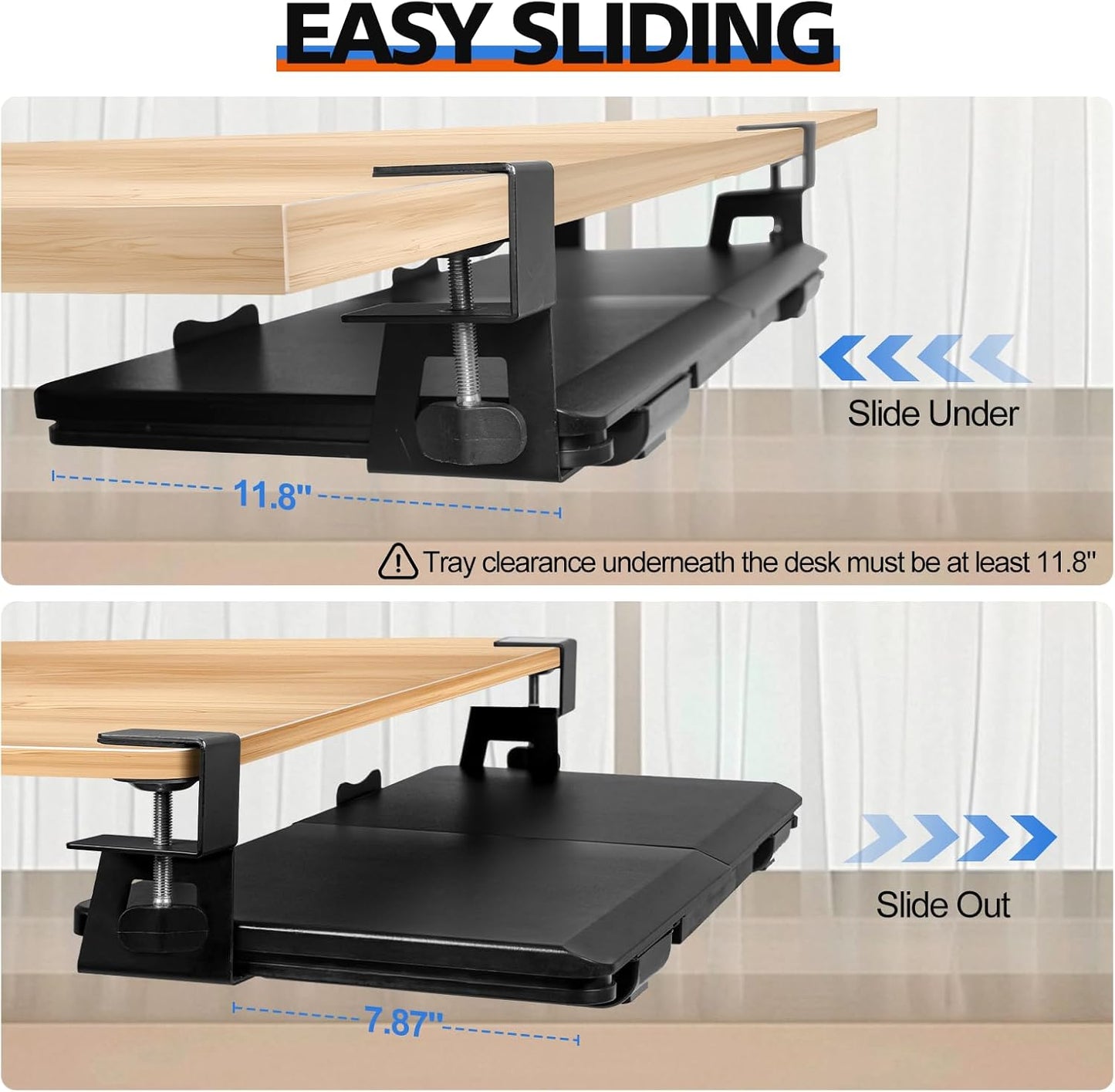 Large Height Adjustable Keyboard Tray with Sturdy C-Clamp Mount and Storage Drawer, 27"(31"Including Clamps) x 12" Slide Out Ergonomic Keyboard Trays for Home and Office, Black
