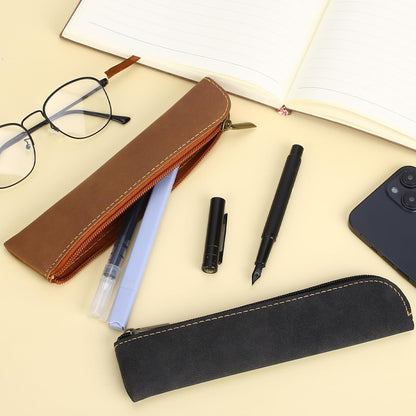 Psyqtsuary Leather Pencil Case, 2 Pcs Slim Small Pencil Pouch Portable Flat Pen Pouch with Zipper Simple Makeup Bag Lipstick Case for Women Men Home, Office, Travel Outdoor (Black, Claret)