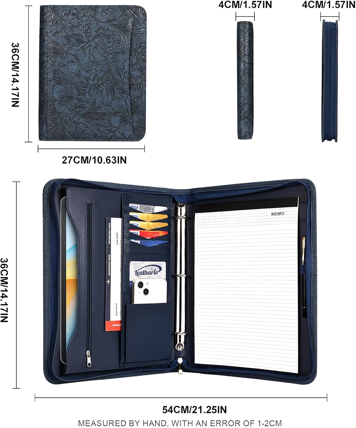 Leathario Portfolio Binder, Includes 10 Sheet Protectors and 3 Notepads, 3-Ring Folder Organizer, A4 Padfolio with Zipper, Vegan Leather Tablet Sleeve, Business Office Conference Clipboards