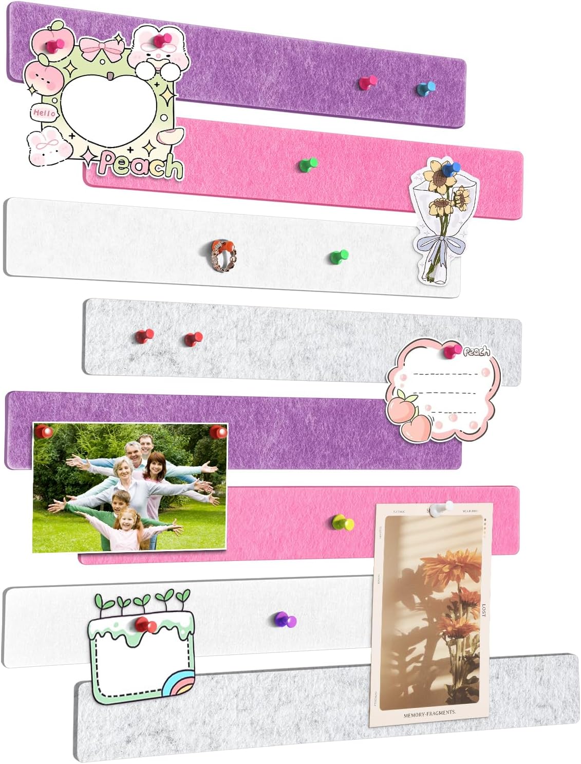 Cork Board for Walls - 8 Pack Felt Pin Board Bar Strips - Self-Adhesive Lightweight Bulletin Board - Cork Board for Office with 40 Push Pins No Damage for Wall