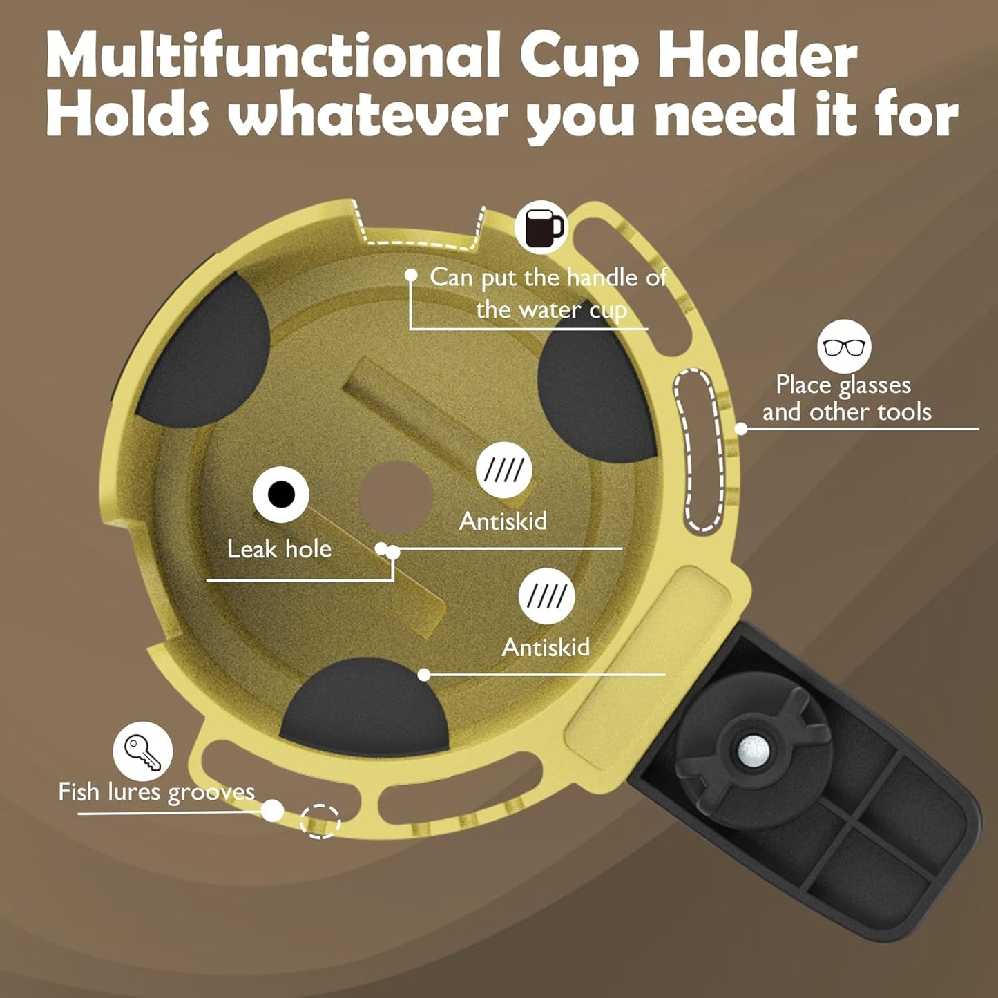 Desk Cup Holder with Headphone Hanger, Clip on Cup Holders for Desks with Spill-Proof Cup Design, Easy to Install, Enough to Hold 8-28OZ Coffee Cups, Water Bottles. (Black, Medium)