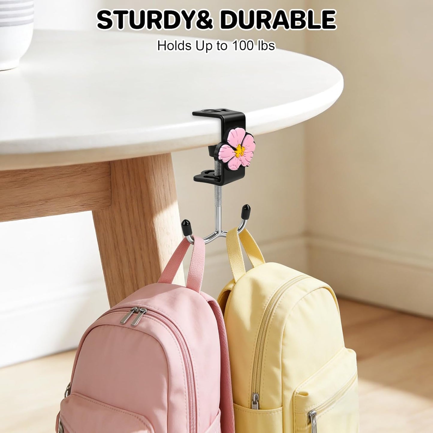 AULEEP 2 Pack Clamp-On Under Desk Bag Hook, Adjustable Purse Holder for Table with Cute DIY Stickers, 100 lbs Capacity Heavy-Duty Desk Organizer Hooks for Handbag, Backpack, Headphone, Black