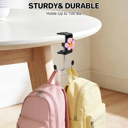 AULEEP 2 Pack Clamp-On Under Desk Bag Hook, Adjustable Purse Holder for Table with Cute DIY Stickers, 100 lbs Capacity Heavy-Duty Desk Organizer Hooks for Handbag, Backpack, Headphone, Black