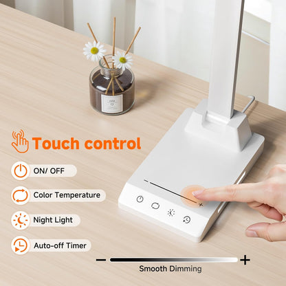 ShineTech LED Desk Lamp with USB-C Charging Port, Dimmable Desk Lamp for Home Office, Eye-Caring Reading Lamp with 25 Lighting Modes, Small Desk Light for Bedroom Nightstand with Adapter