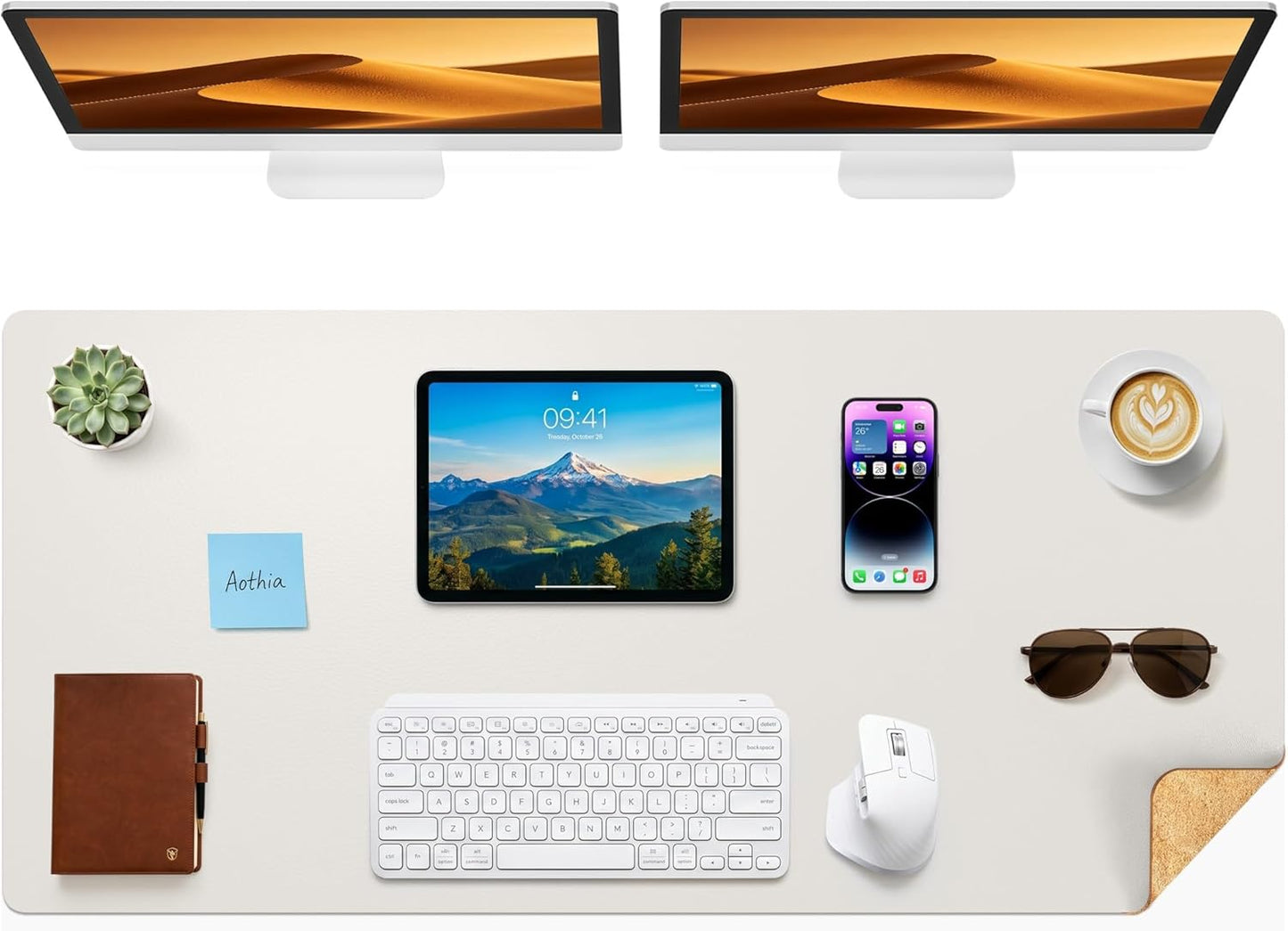 Aothia Dual-Sided Desk Pad - 25.6x13.7 inches Leather Desk Mat, Natural Cork Desk Pad Protector, Large Mouse Pad for Desk, Waterproof Desk Blotter Pad, Desk Writing Pad for Office Work/Home, Black
