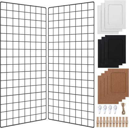 Lnrueg Wire Wall Grid Panel with Wall Grid Shelf with Photo Frames for Photo Display, Metal Mesh Message Board Memo Boards, Heavy Duty Gridwall Display Rack for Art Retail Display (Black-A)