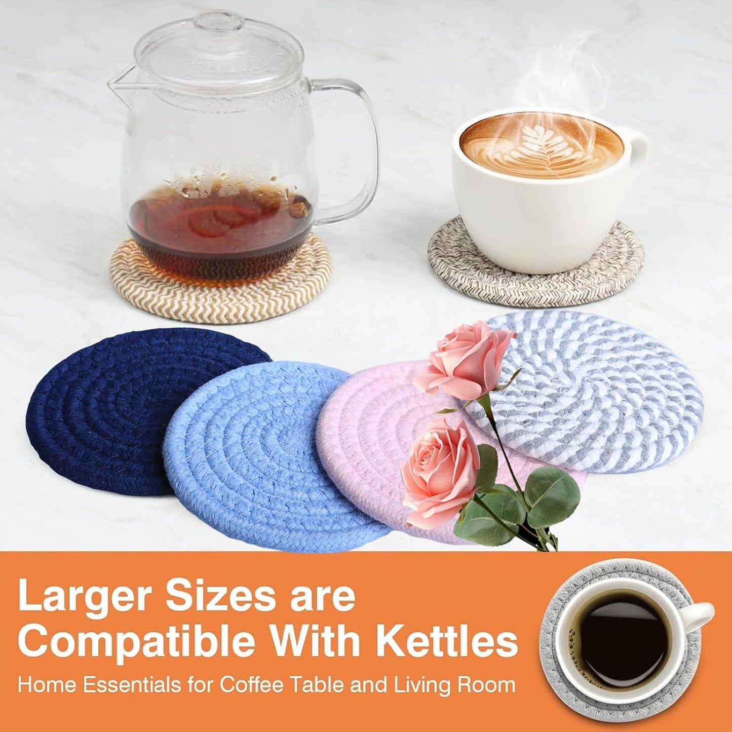 4.8" Drink Cotton Coasters Set of 2 – Boho Woven Drink Pads for Coffee & Tea, Neutral Sandstone Blend Fabric Cup Mats for Desk, Table, Nightstand, Dorm, Giftable Absorbent Coaster Set (Latte)