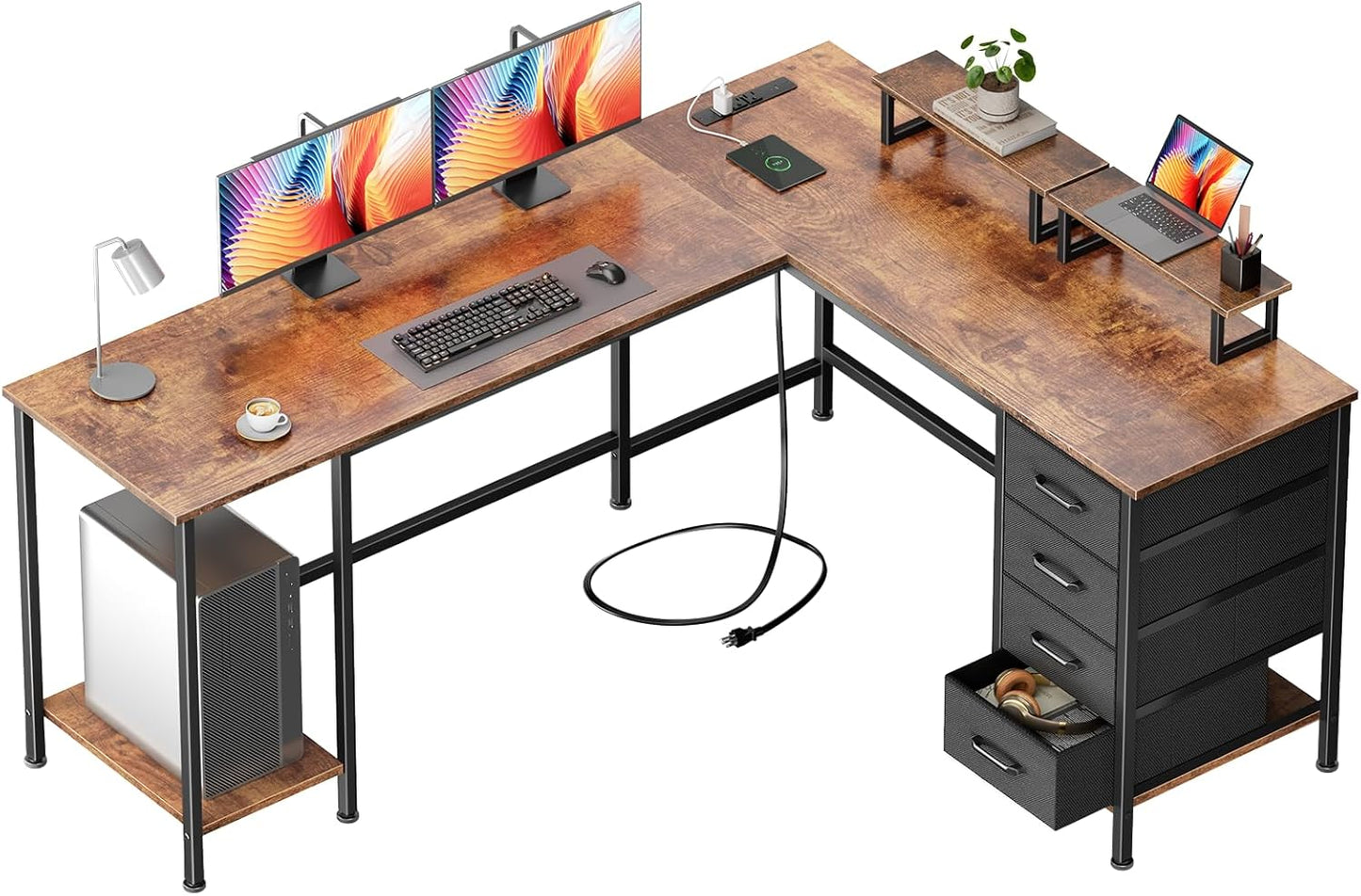 Korfile 59 inch L Shaped Computer Desk with Power Outlets, Home Office Desk with 4 Adjustable Storage Drawers & 2 Monitor Stands, Two Person Gaming Table for Bedroom, Black