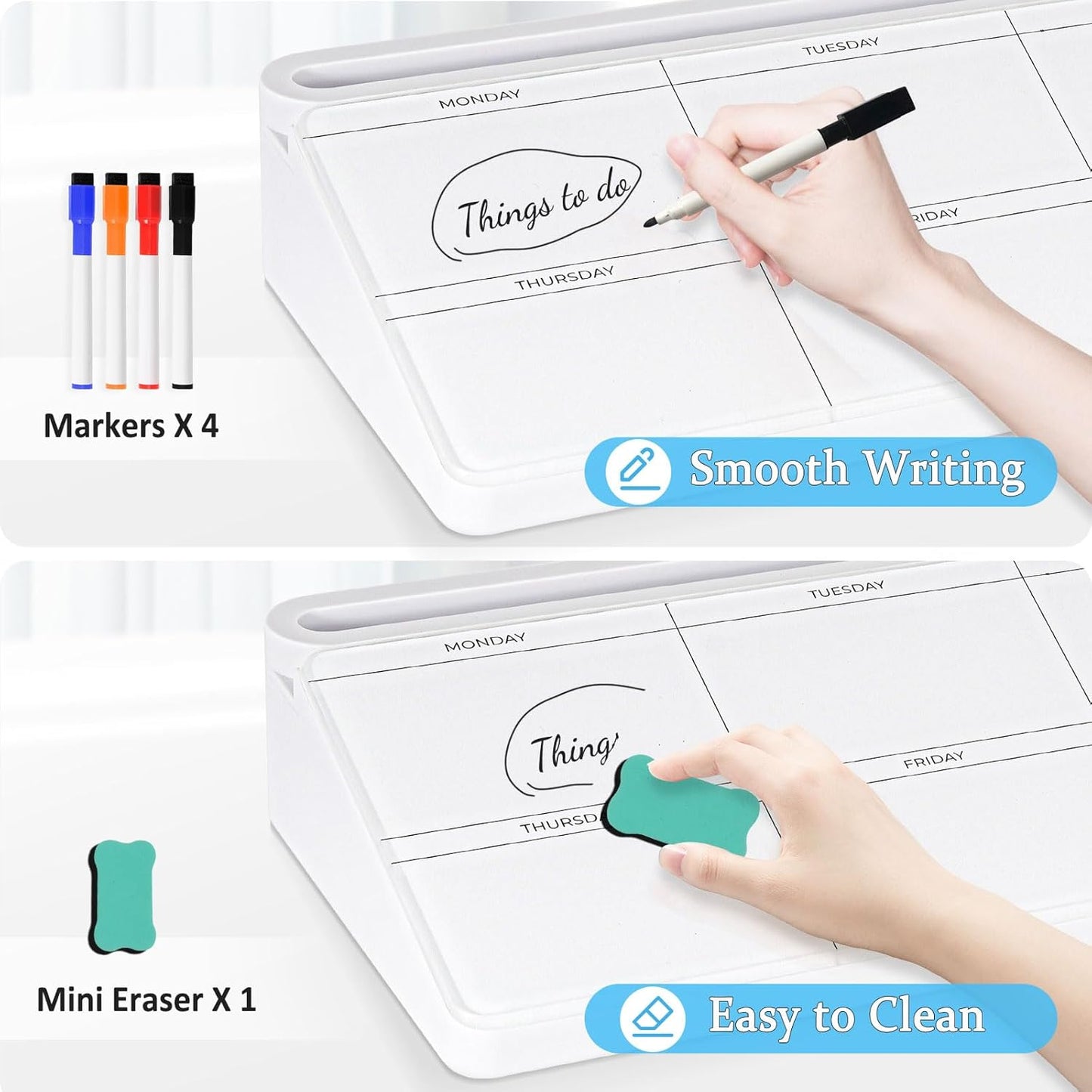 DOLLAR BOSS Glass Desk Whiteboard Calendar Small Dry Erase Board Desktop White Board with Storage Drawer Computer Keyboard Stand Desk Organizer, Colorful Weekly Calendar, Black