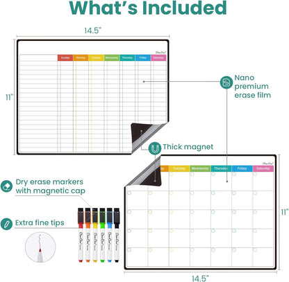 Magnetic Dry Erase Chore Chart - 14.5"x11" Chore Chart for Kids, Teens and Adults - 6.5"x8.5" List Board for Fridge - 6 Extra Fine Point Markers Included - Shipped Flat