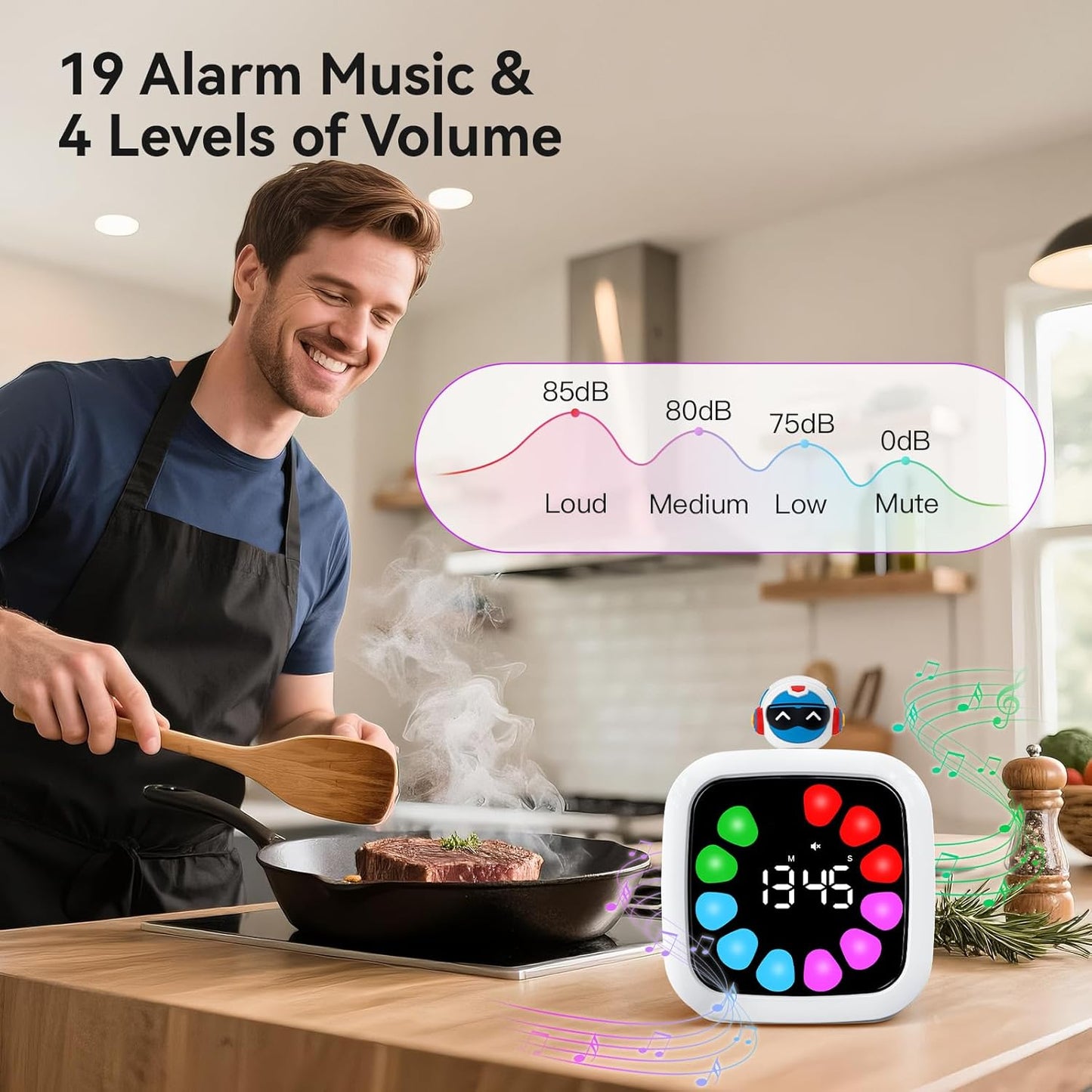 Yunbaoit Digital Visual Timer for Kids, Rechargeable 99-Minute Silent Countdown Timer with 19 Ringtones, 9 Optional DIY Color Star Display, Time Management Tool with Pause Function (Rainbow)