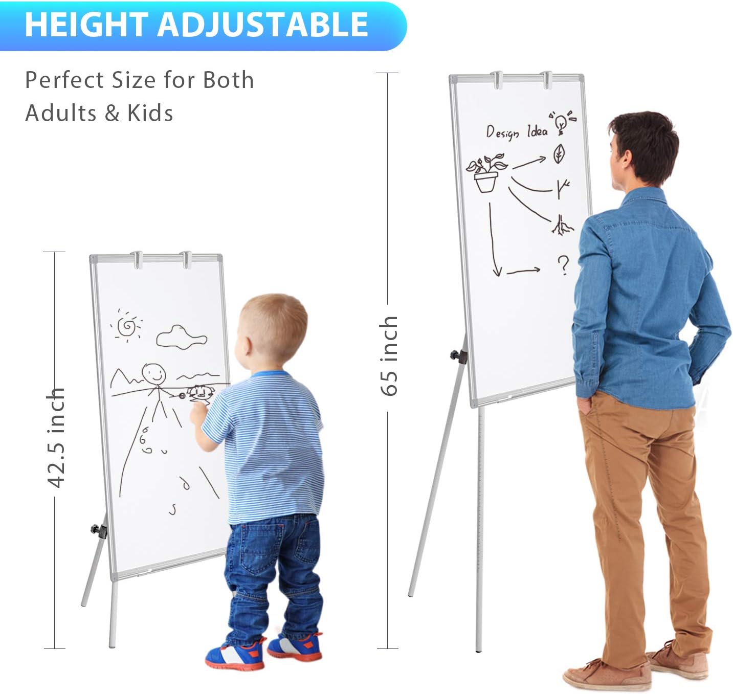 Easel Whiteboard - Magnetic Portable Dry Erase 36 x 24 Tripod Height Adjustable, 3' x 2' Flipchart Easel Stand White Board for Office or Teaching at Home & Classroom (36x24 White)