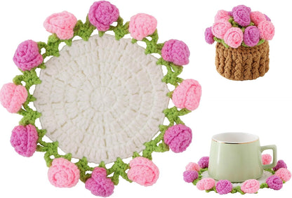Flower Crochet Coasters, Handmade Bouquet Blanket Coaster with Crochet Plant Pot Fun Soft Decorative Drink Coasters for Coffee Tabletop Protection and Home Decor (Pink, 1Pc)