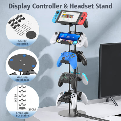 Kytok Controller Stand 4 Tiers with Cable Organizer for Desk, Universal Headphone Stand Compatible with Xbox PS5 PS4 Console Nintendo Switch, Headset Holder & Desk Mounts for 8 Packs Controller