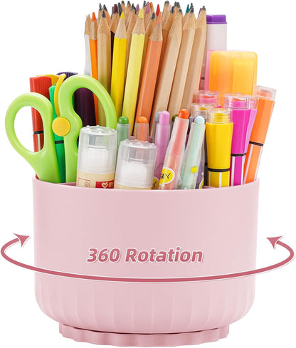 Marbrasse Desk Organizer, 360-Degree Rotating Pen Pencil Holder, Desk Organizers and Accessories with 5 Compartments Pencil Organizer, Art Supply Storage Box Caddy for Office, Home(Beige)