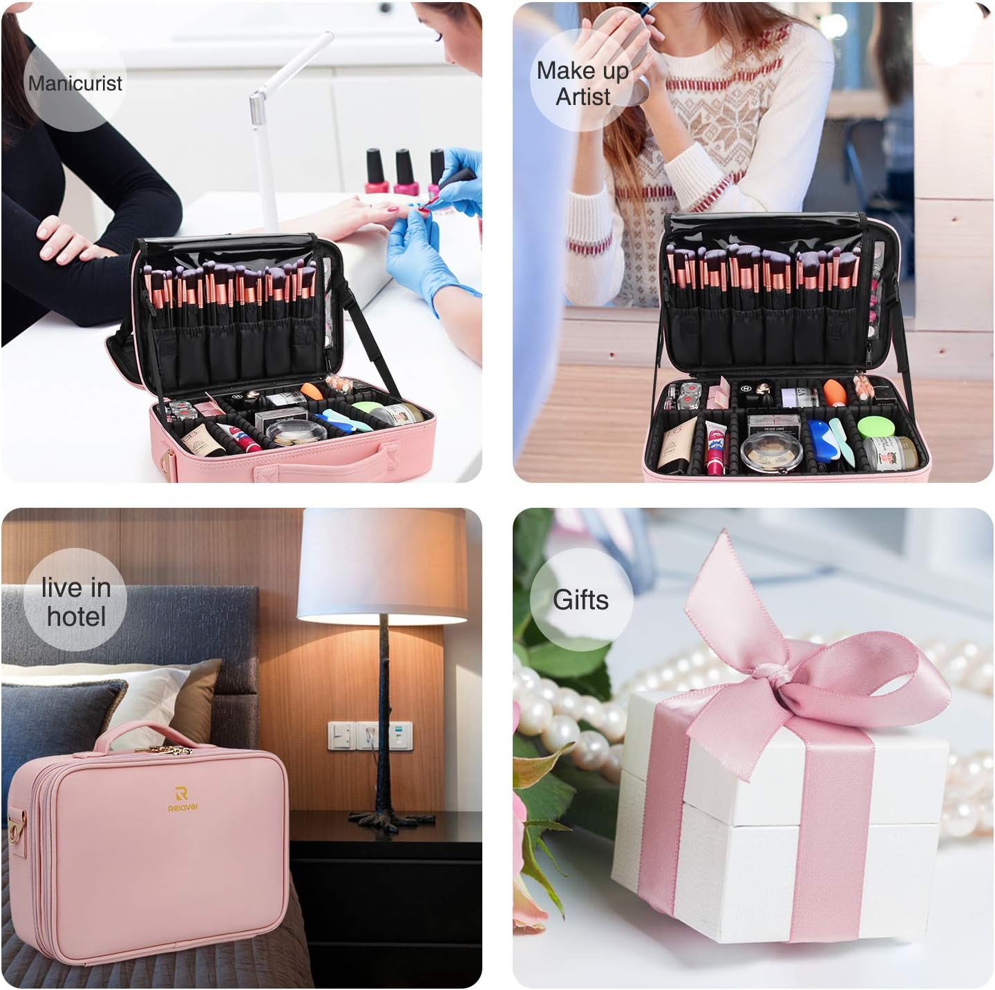 Relavel Makeup Case Large Makeup Bag Professional Train Case 16.5 inches Travel Cosmetic Organizer Brush Holder Waterproof Makeup Artist Storage Box, 3 Layer Large Capacity, with Adjustable Strap