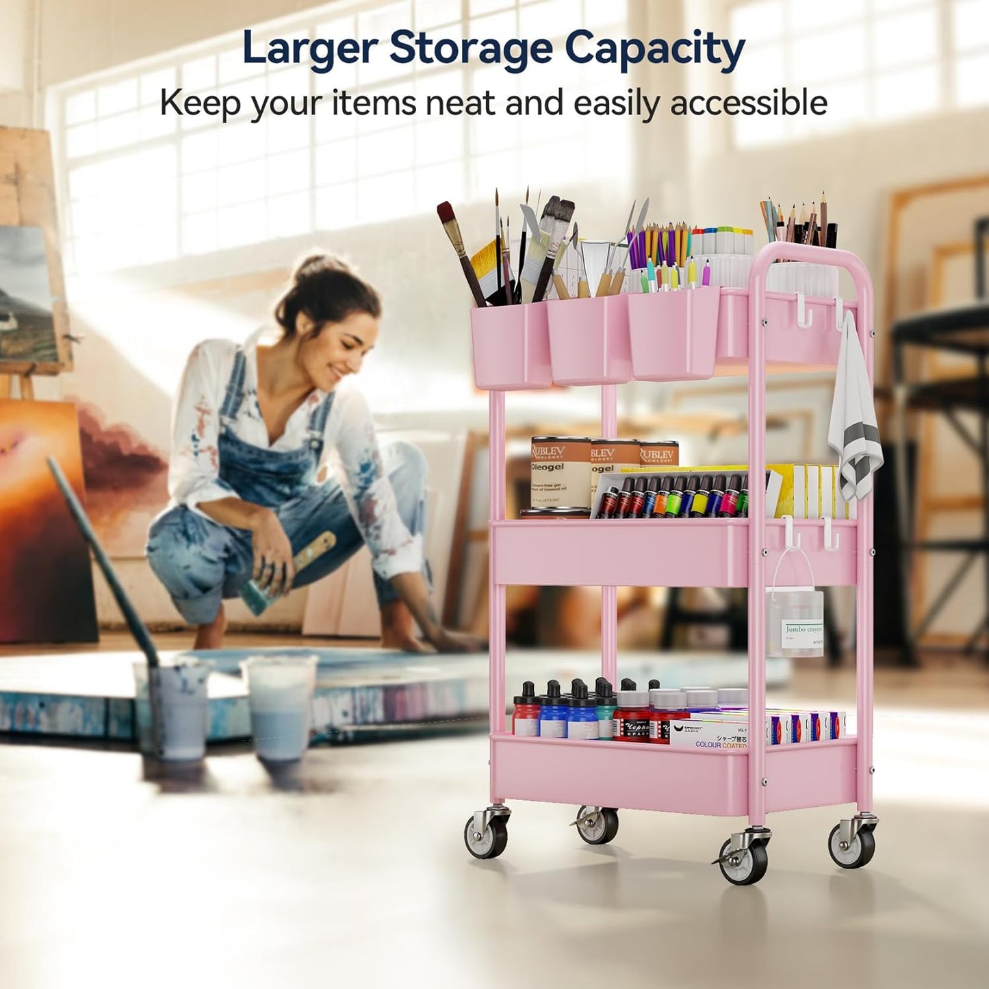 YASONIC 3 Tier Rolling Cart - Metal Utility Cart with Wheels, Hanging Cups, Hooks, Heavy Duty Mesh Rolling Storage Cart Organizer, Craft Cart for Kitchen Office, Lightweight and Sturdy