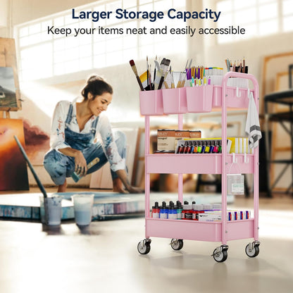 YASONIC 3 Tier Rolling Cart - Metal Utility Cart with Wheels, Hanging Cups, Hooks, Heavy Duty Mesh Rolling Storage Cart Organizer, Craft Cart for Kitchen Office, Lightweight and Sturdy