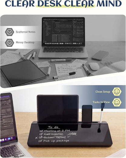 Glass Desktop Whiteboard, Dry Erase Board with Marker Holder, Computer Monitor Message Board and Desk Organizer for Home, Office and School Supplies (Pink)