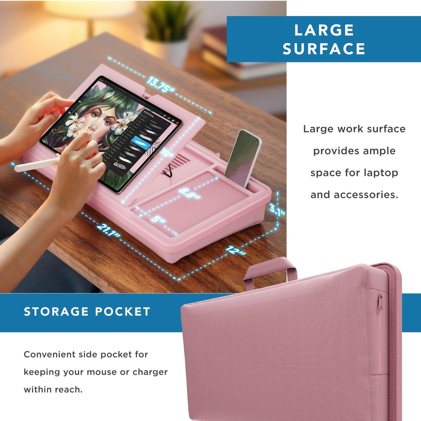 LAPGEAR Ergonomic Pro 2.0 Lap Desk with 9 Adjustable Heights, Built-in Mouse Pad & Phone Slot – Full Microbead Cushion, Storage Pocket – Fits Laptops up to 15.6" – Dusty Rose – Style No. 49504