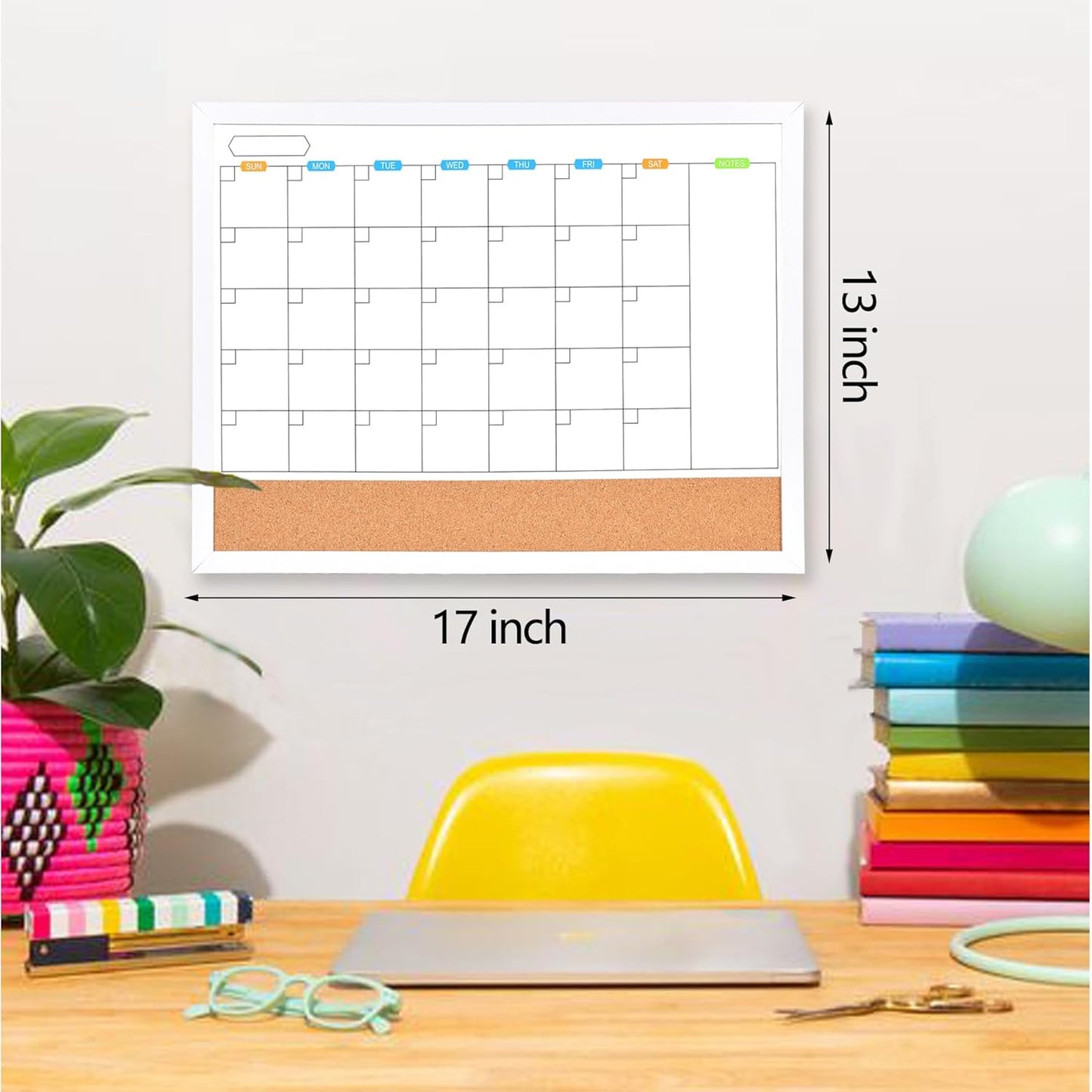 Monthly Whiteboard Calendar with Cork Board for Wall, 17"x13",Magnetic Dry Erase Board with White Wood Framed,2-1 Wall Planner Whiteboard,Bulletin Board with Pins for Home,School,Office
