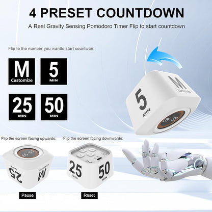Rotating Cube Pomodoro Timer 5, 25, 10, 50 Min Preset + Custom Countdown, Desk Productivity Flip Visual Timer w/Silicone Case, Silent Mode, Ideal for ADHD Tool Study Work School (Black)