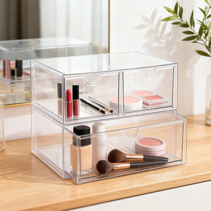 Prsildan Acrylic Drawer Makeup Organizer with 6 Drawers (Not for Baby Bottle), Set of 2 Office Desk Organizers Accessories, Clear Stackable Storage Drawers for Vanity, Craft (Largest Drawer 4" Tall)