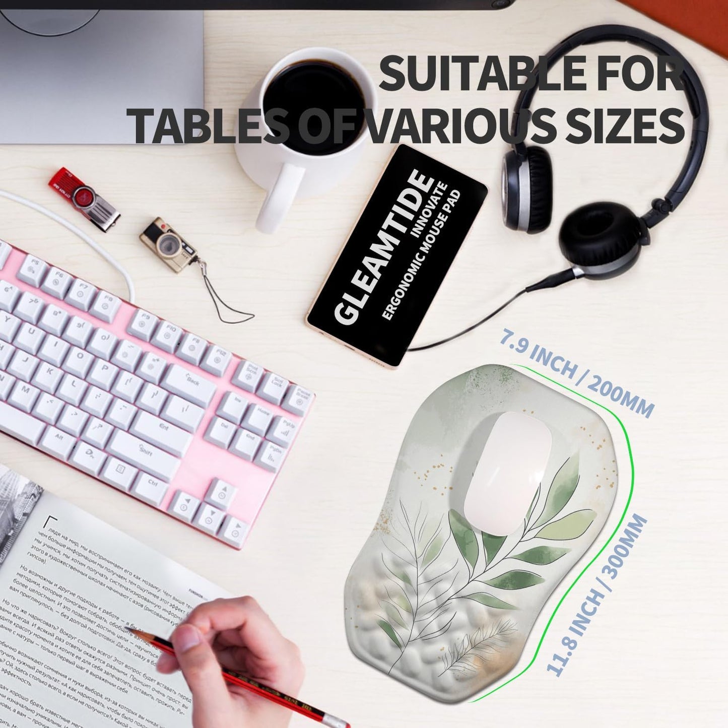 Ergonomic Raised Mouse Pad Wrist Support with Bilateral Slope Memory Foam Mousepad for Wrist Rest and Carpal Tunnel Pain Relief 11.8x7.9〃 Black