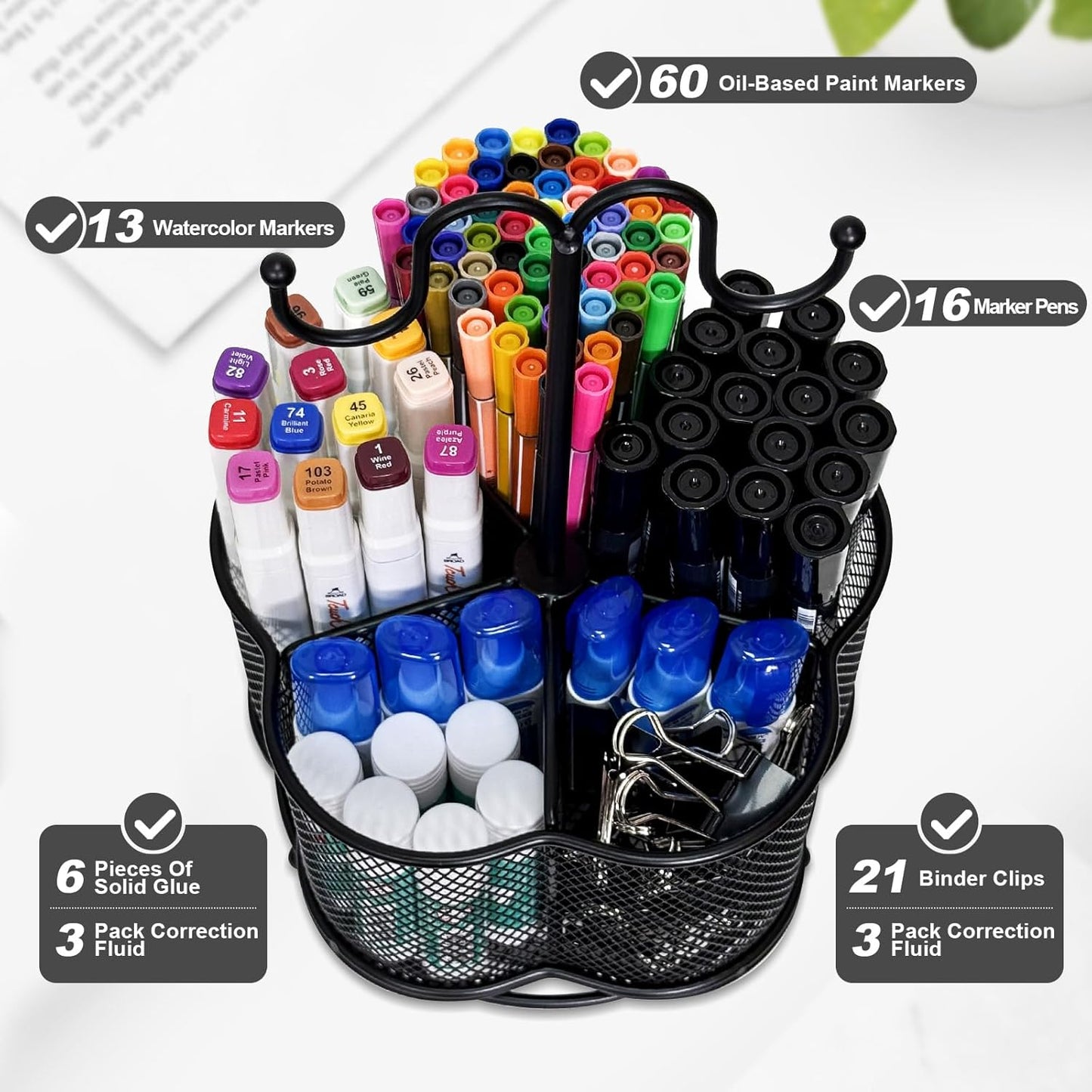 360 Degree Rotate Pen Holder for Desk Mesh Desk Pen Organizer Pencil Holder Large Capacity Accessories & Workspace Organizers for School,Home (Black, No hook)